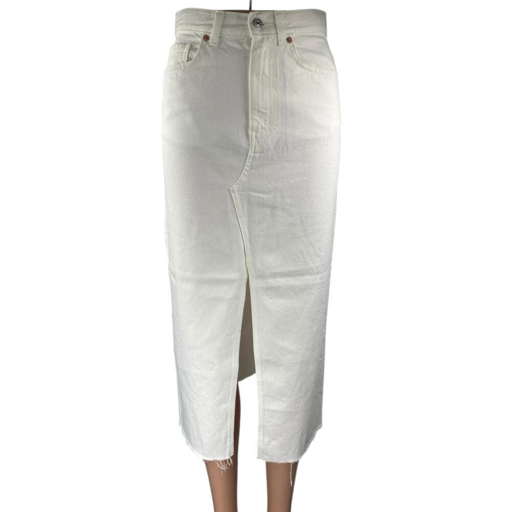 MNG Mango Anais White High Waisted Split Pencil Midi Denim Jean Skirt Size XS